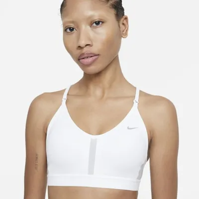 Nike Damski stanik sportowy z dekoltem w kształcie litery V i wkładkami zapewniający lekkie wsparcie Nike Dri-FIT Indy - Biel