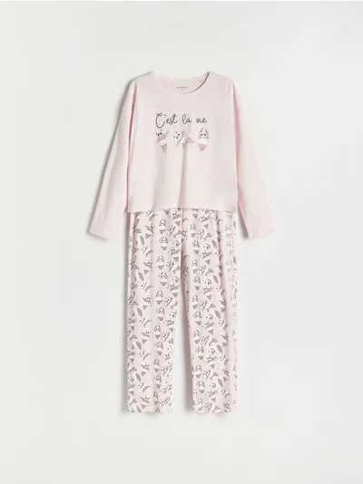 Reserved Piżama składająca się z koszulki i spodni, uszyta z bawełny. - pastelowy róż