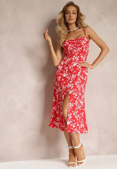 Renee Czerwona Sukienka Midi w Kwiaty na Cienkich Ramiączkach Teyen