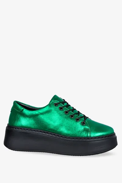 Casu Zielone sneakersy skórzane damskie metaliczne buty sportowe sznurowane na platformie produkt polski casu 2290