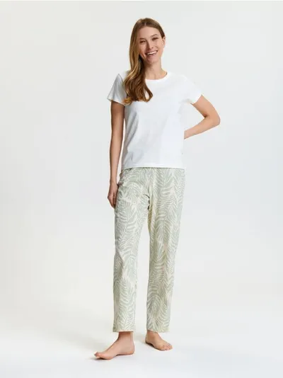 Sinsay Bawełniana piżama dwuczęściowa z ozdobnym nadrukiem na spodniach. - kremowy