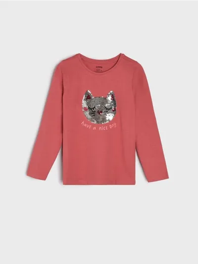 Sinsay Koszulka z dzianiny w 100% bawełnianej. Ozdobiona cekinową naszywką w kształcie głowy kotka. - różowy