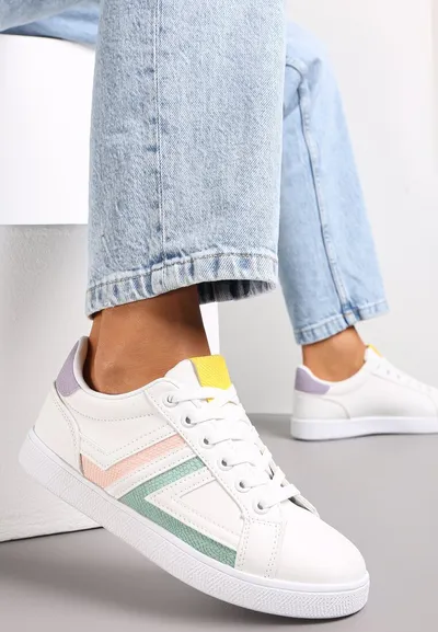 Renee Biało-Miętowe Sznurowane Sneakersy na Płaskiej Podeszwie z Kolorowymi Wstawkami Karera