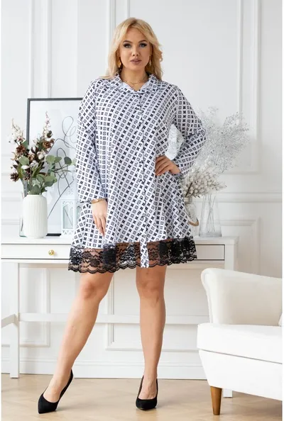 XL-ka Biała koszula-sukienka z czarnym wzorem - LANEL