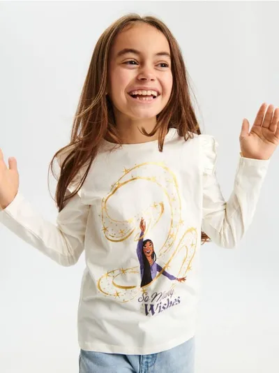 Sinsay Wygodna, bawełniana koszulka z ozdobnym nadrukiem z postacią z bajki "Życzenie" - kremowy