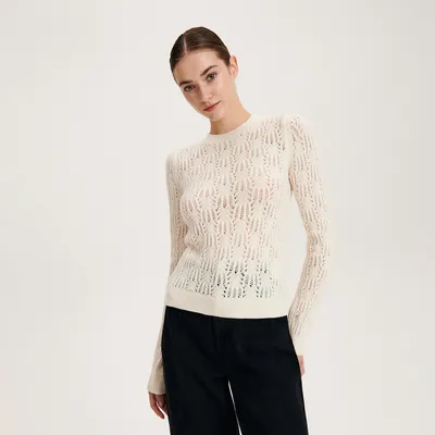 Reserved Sweter z ażurowym wzorem - Kremowy