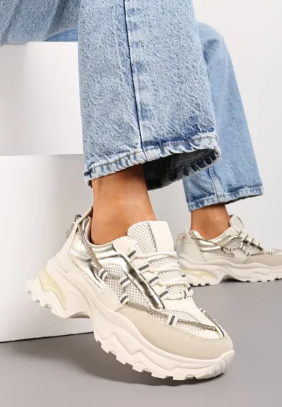 Renee Beżowe Sneakersy z Metalicznymi Wstawkami na Niskiej Platformie z Ozdobnym Sznurkiem Oiriema
