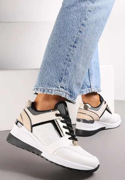 Renee Białe Sznurowane Sneakersy na Niskim Koturnie z Perforacją i Przeszyciami Anabrenda