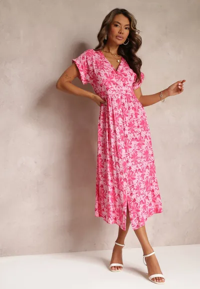 Renee Różowa Wiskozowa Sukienka Maxi w Kwiaty z Gumką w Talii Divina