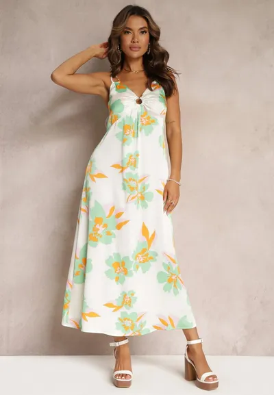 Biało-Zielona Satynowa Sukienka Maxi w Kwiaty ze Zdobieniem przy Dekolcie Benna