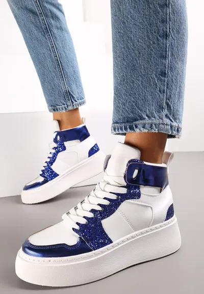 Renee Biało-Granatowe Sznurowane Sneakersy za Kostkę z Brokatem i Metalicznymi Wstawkami Sareena