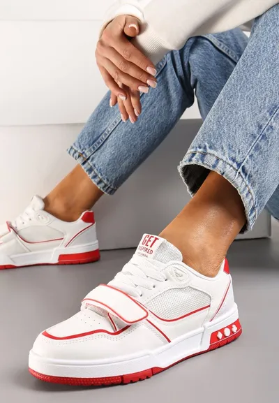 Renee Biało-Czerwone Sneakersy z Ozdobnymi Przeszyciami Zapięciem na Rzep przed Kostkę Anihapre