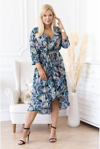 XL-ka Asymetryczna sukienka z falbanką w egzotyczne liście - LILIANE