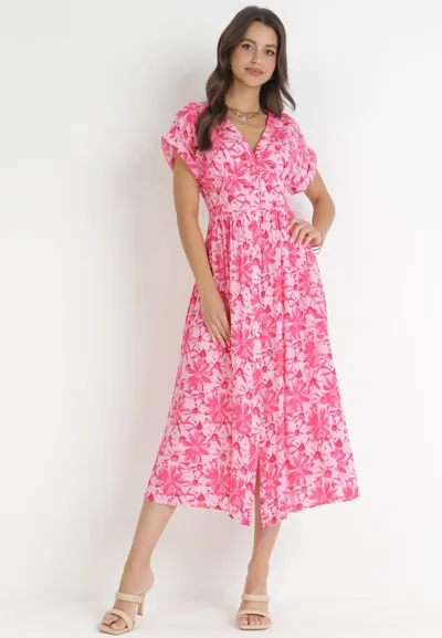 Born2be Różowa Rozkloszowana Sukienka Midi z Gumką w Pasie z Wiskozy Quetza