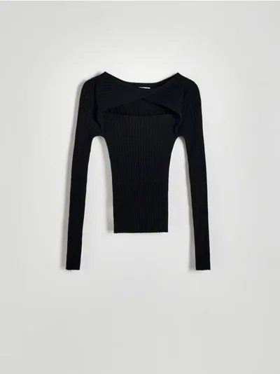 Reserved Sweter o dopasowanym fasonie, wykonany z prążkowanej dzianiny z wiskozą. - czarny
