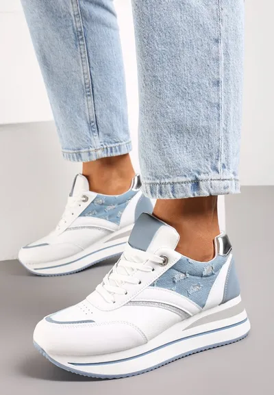 Renee Biało-Niebieskie Sznurowane Sneakersy z Ekoskóry z Błyszczącymi Wstawkami Fiviara