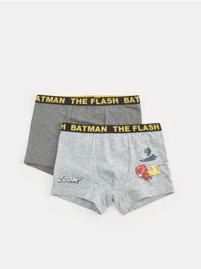 Zestaw dwóch bawełnianych bokserek z nadrukiem Flash i Batman. - szary