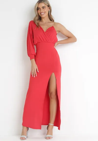 Born2be Czerwona Asymetryczna Sukienka Maxi na Jedno Ramię z Łańcuszkiem Przy Ramieniu Kesilli