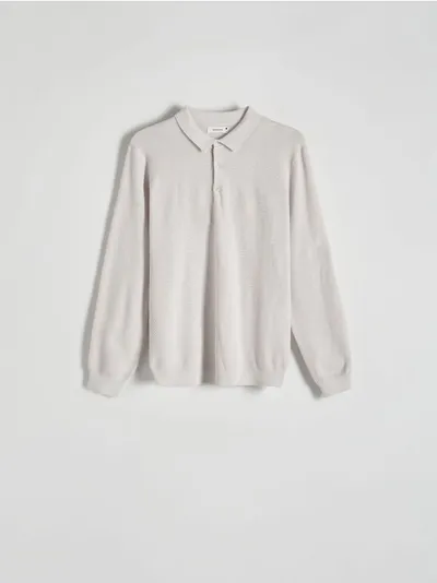 Reserved Sweter typu polo, z kolekcji PREMIUM, wykonany z bawełny z domieszką kaszmiru. - złamana biel