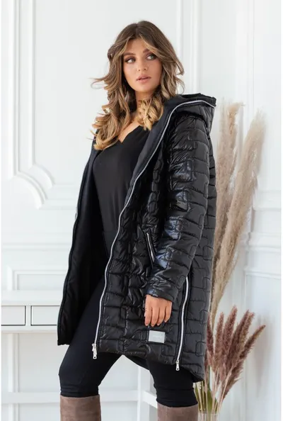 XL-ka Czarna długa kurtka pikowana z kapturem - Scarlett 2XL-5XL