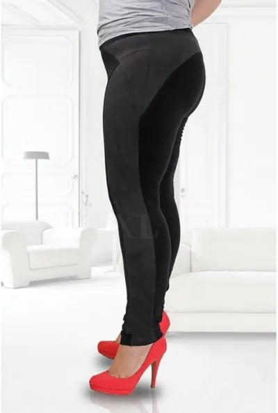 XL-ka Uniwersalne czarne legginsy plus size z pasem z zamszu PATTY
