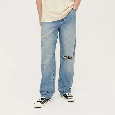 House Niebieskie jeansy straight fit przetarciami - Granatowy