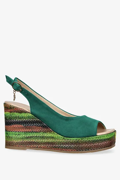 Casu Zielone sandały skórzane damskie na kolorowym koturnie z ozdobą produkt polski casu 2336