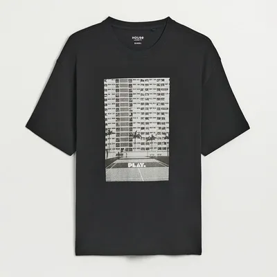 House Luźna koszulka z kontrastowym nadrukiem czarna - Czarny