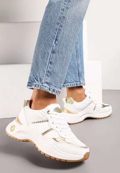 Renee Białe Sneakersy z Tłoczonego Materiału z Brokatowymi i Metalicznymi Wstawkami Thermia