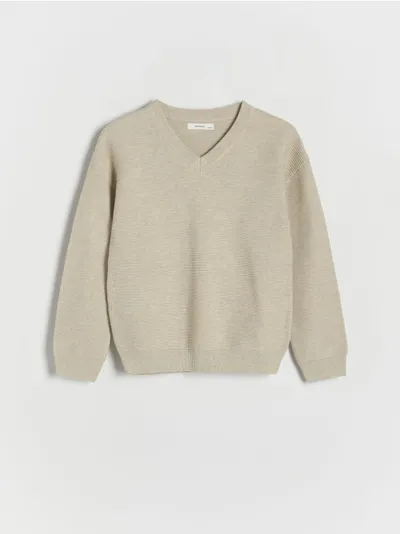 Reserved Sweter o klasycznym fasonie, wykonany ze strukturalnej dzianiny z bawełną. - beżowy