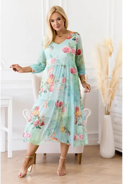 XL-ka Zielona sukienka z siateczki z różami - Sintia