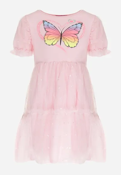 Born2be Różowa Sukienka z Brokatowym Motylkiem i Tiulowym Dołem Princessia