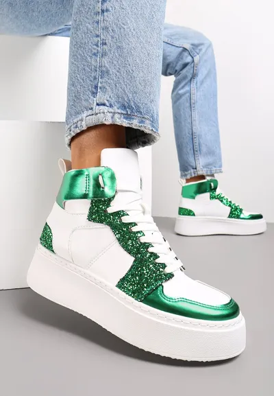 Renee Biało-Zielone Sznurowane Sneakersy za Kostkę z Brokatem i Metalicznymi Wstawkami Sareena