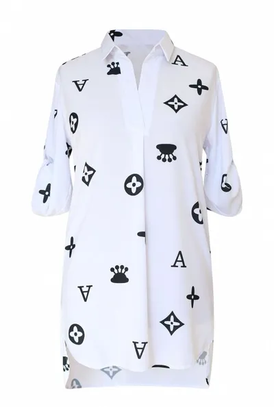 XL-ka Biała tuniko - koszula plus size modnym wzorem krótki rękaw - SUSANNY