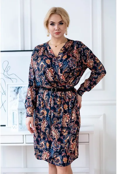 XL-ka Granatowa ołówkowa sukienka z długimi rękawami w orientalny wzór - CILIA