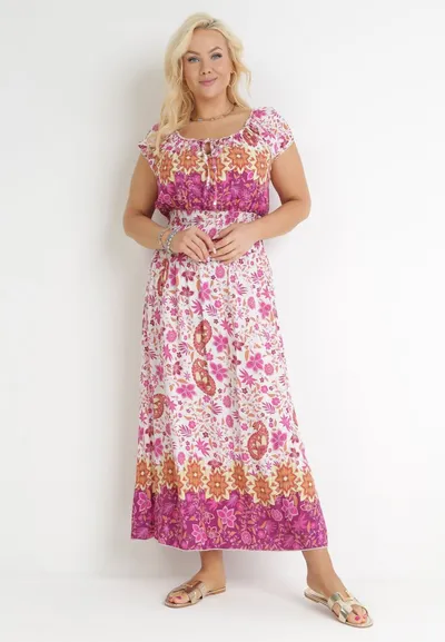 Born2be Różowo-Biała Bawełniana Sukienka Midi z Hiszpańskim Dekoltem i Gumkami w Talii Abagal