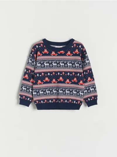 Reserved Ciepły sweter o prostym fasonie, wykonany z przyjemnej w dotyku, bawełnianej dzianiny. - granatowy