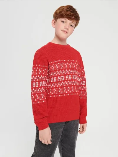 Sinsay Wygodny, świąteczny sweter wykonany z miekkiej, bawełnianej dzianiny. - czerwony