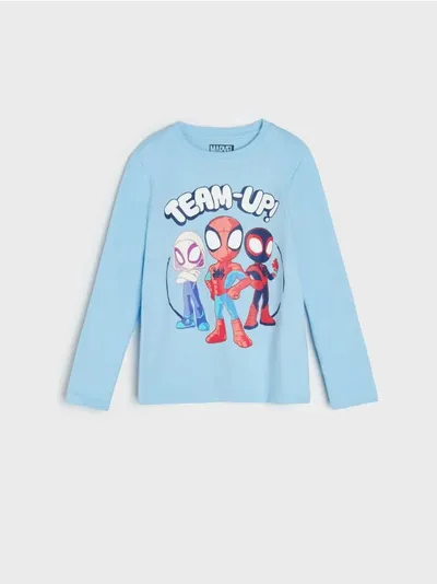 Sinsay Wygodna, bawełniana koszulka z ozdobnym nadrukiem Spidermana. - błękitny