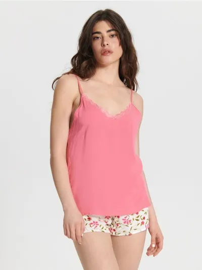 Sinsay Dwuczęściowa piżama z ozdobnym nadrukiem na spodenkach, wykoanana z delikatnej dla skóry wiskozy. - różowy