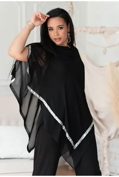 XL-ka Czarna asymetryczna bluzka ze srebrnymi cekinami taśmami - Rianna