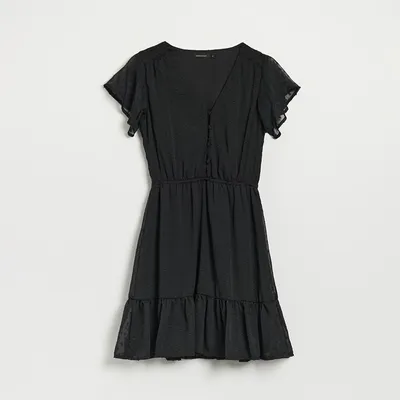 House Czarna sukienka z dekoltem w serek i ozdobnymi guzikami - Czarny