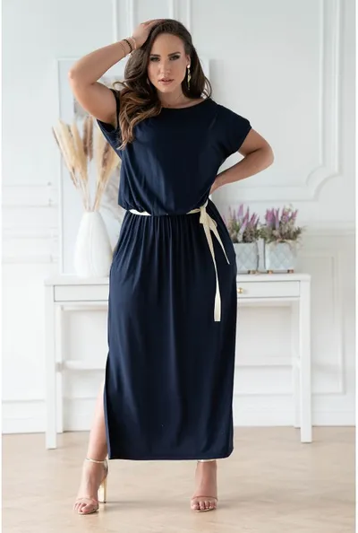 XL-ka Granatowa sukienka 7/8 z wiązaniem w pasie - Francesca