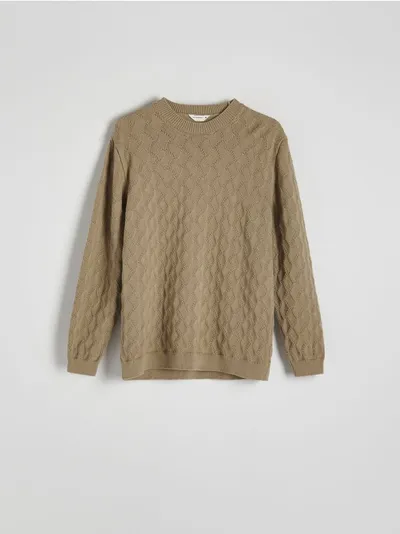 Reserved Sweter o regularnym kroju, wykonany ze strukturalnej, bawełnianej dzianiny. - oliwkowy