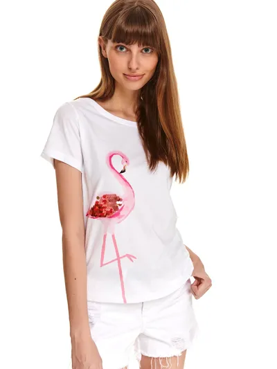 Drywash T-shirt damski z cekinami, z flamingiem