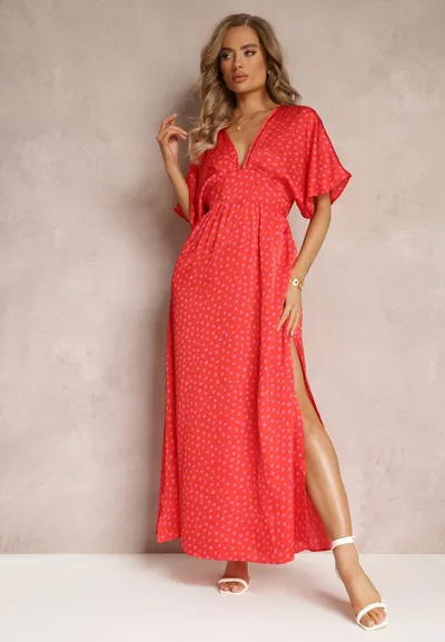Renee Czerwona Rozkloszowana Sukienka Maxi w Kropki z Głębokim Dekoltem Sallo