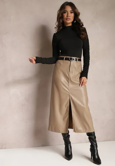 Renee Ciemnobeżowa Trapezowa Spódnica Maxi z Imitacji Skóry Selariel