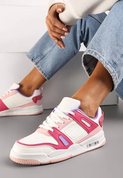 Renee Biało-Różowe Sznurowane Sneakersy z Licznymi Wstawkami z Ekoskóry Gwendias