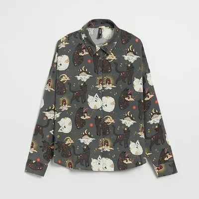 House Wiskozowa koszula z motywami kotów szara - Wielobarwny