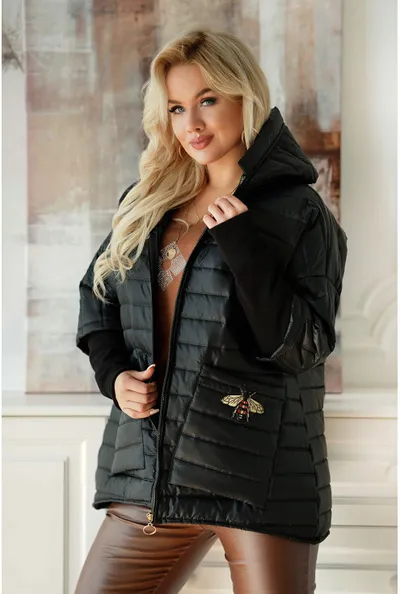 XL-ka Czarna pikowana kurtka z rękawem zakończonym prążkowaną dzianiną - Honey